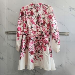 Dalia MacPhee Floral Pink White Button Linen Long Sleeve Dress
